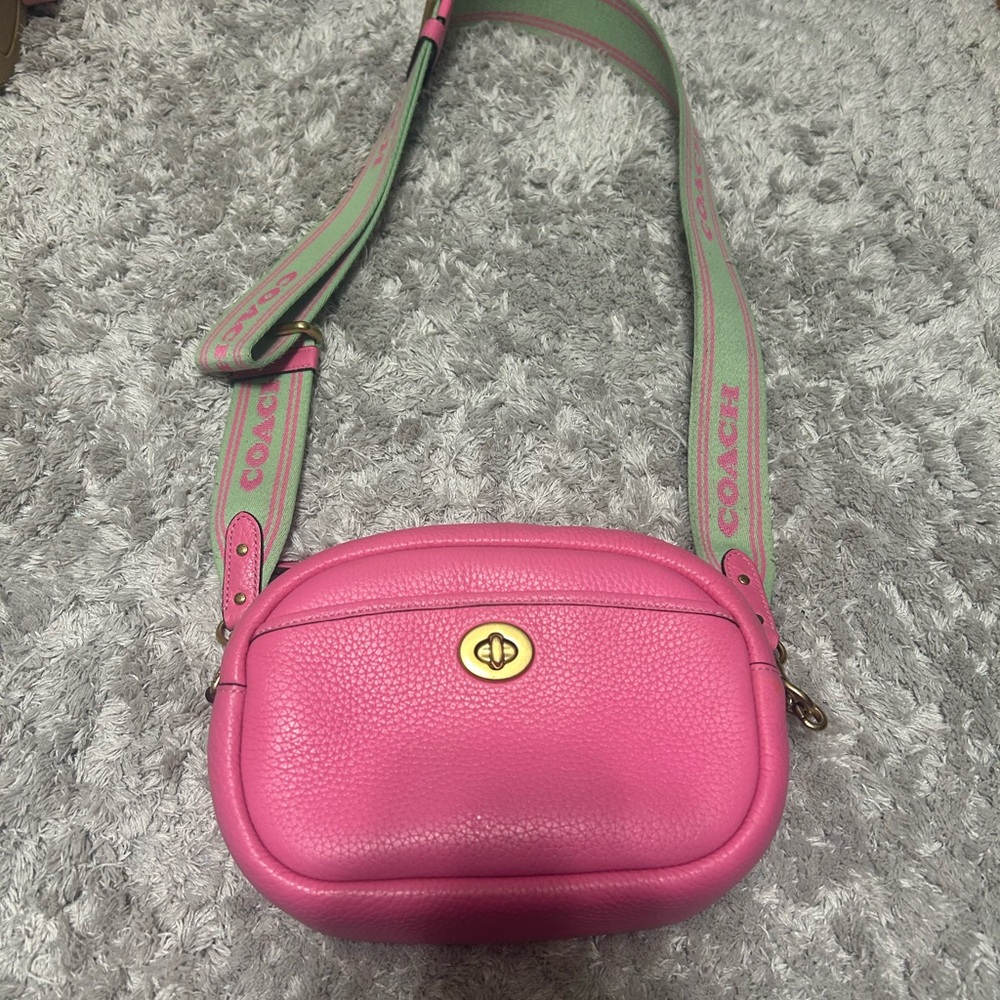 Coach Pink Leather Bag with Green Strap